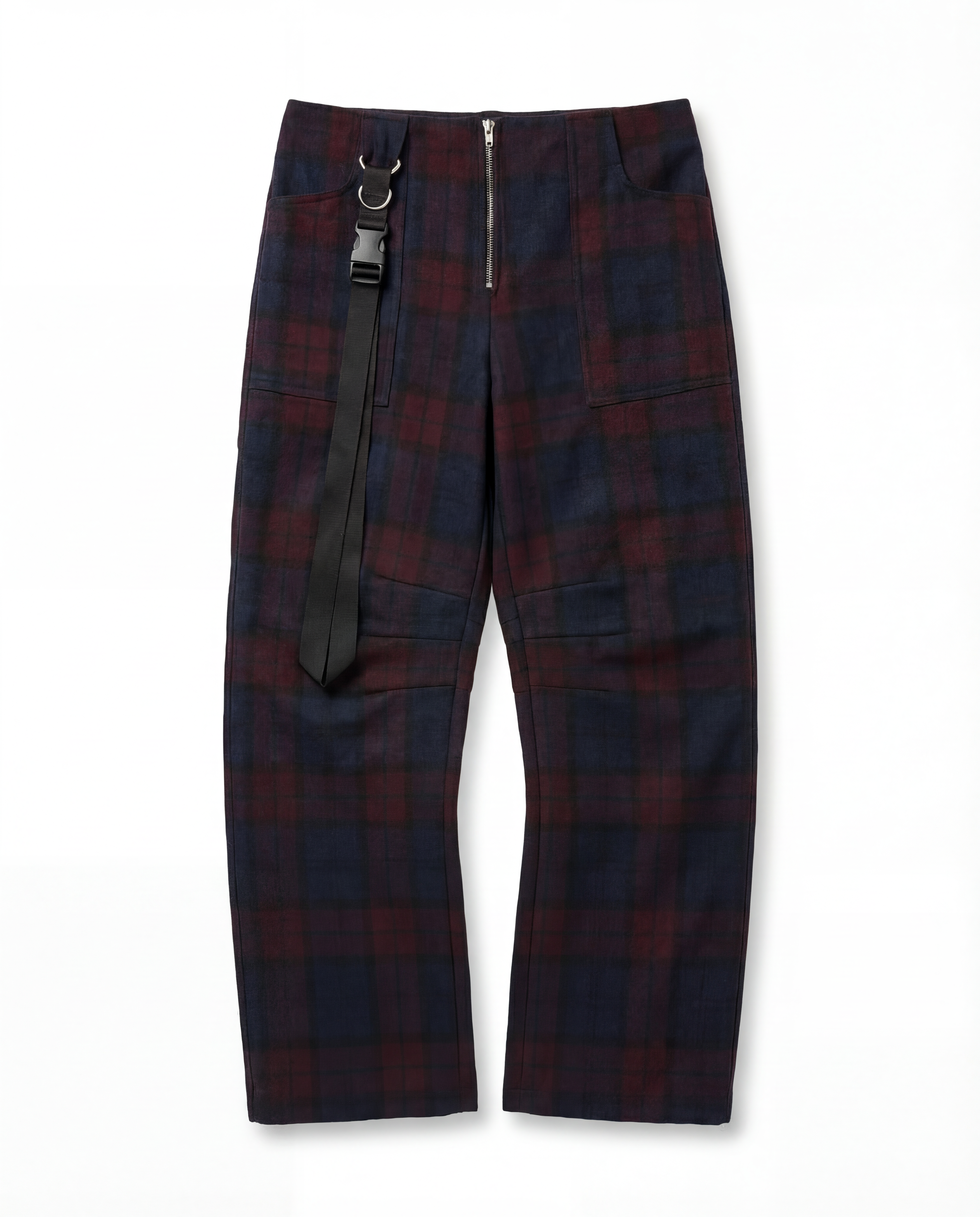 Plaid pants with a black strap on a white background