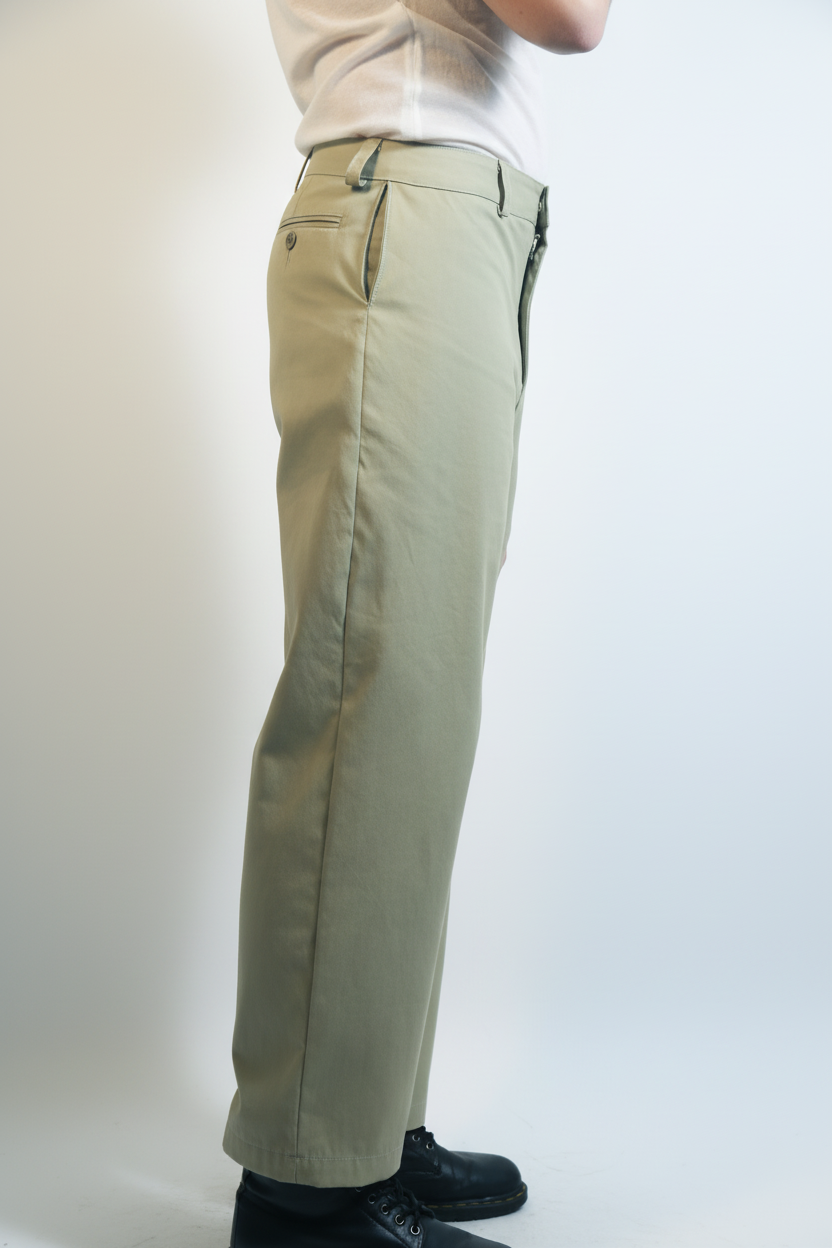 Model wearing beige pants on a plain background
