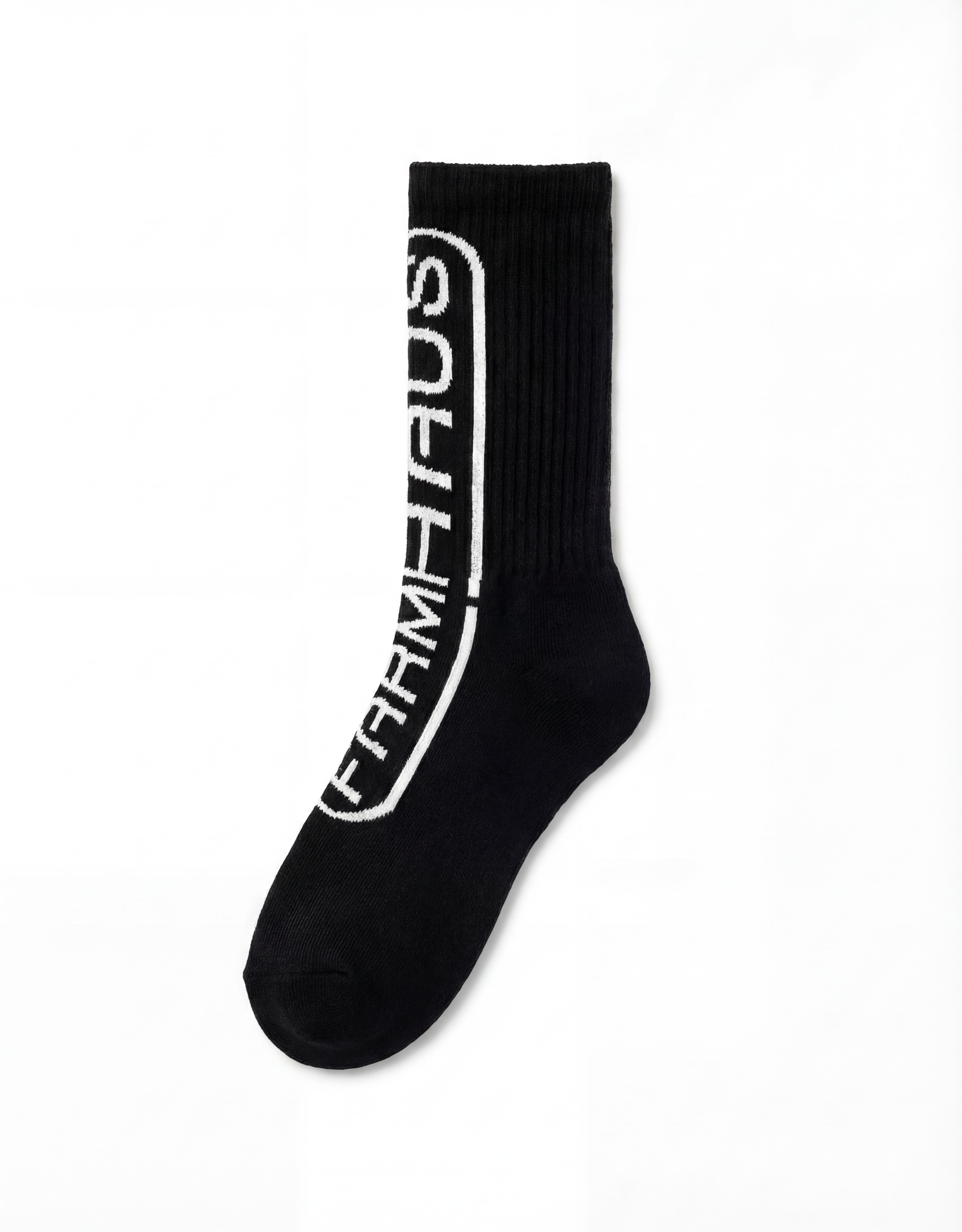 Black socks with a brand logo worn by a person on a white background
