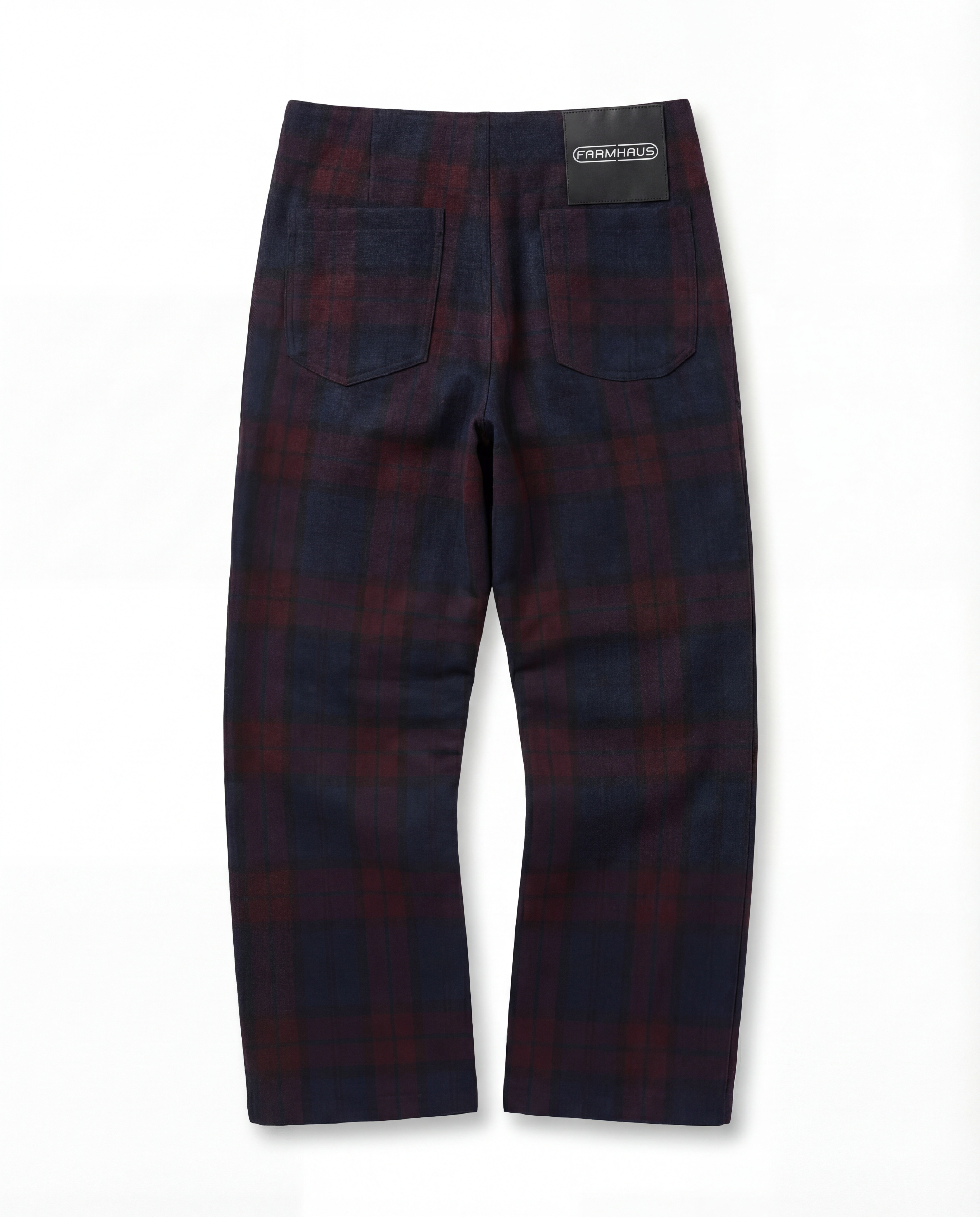 Plaid pants with a brand label on a white background