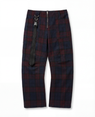 Plaid pants with a black strap on a white background