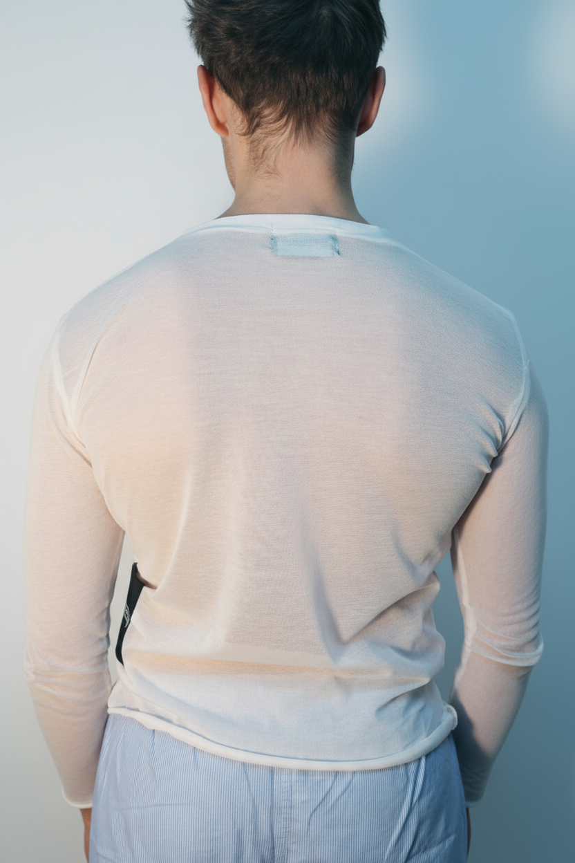 Person wearing a sheer white long-sleeve shirt over a light blue shirt against a plain background