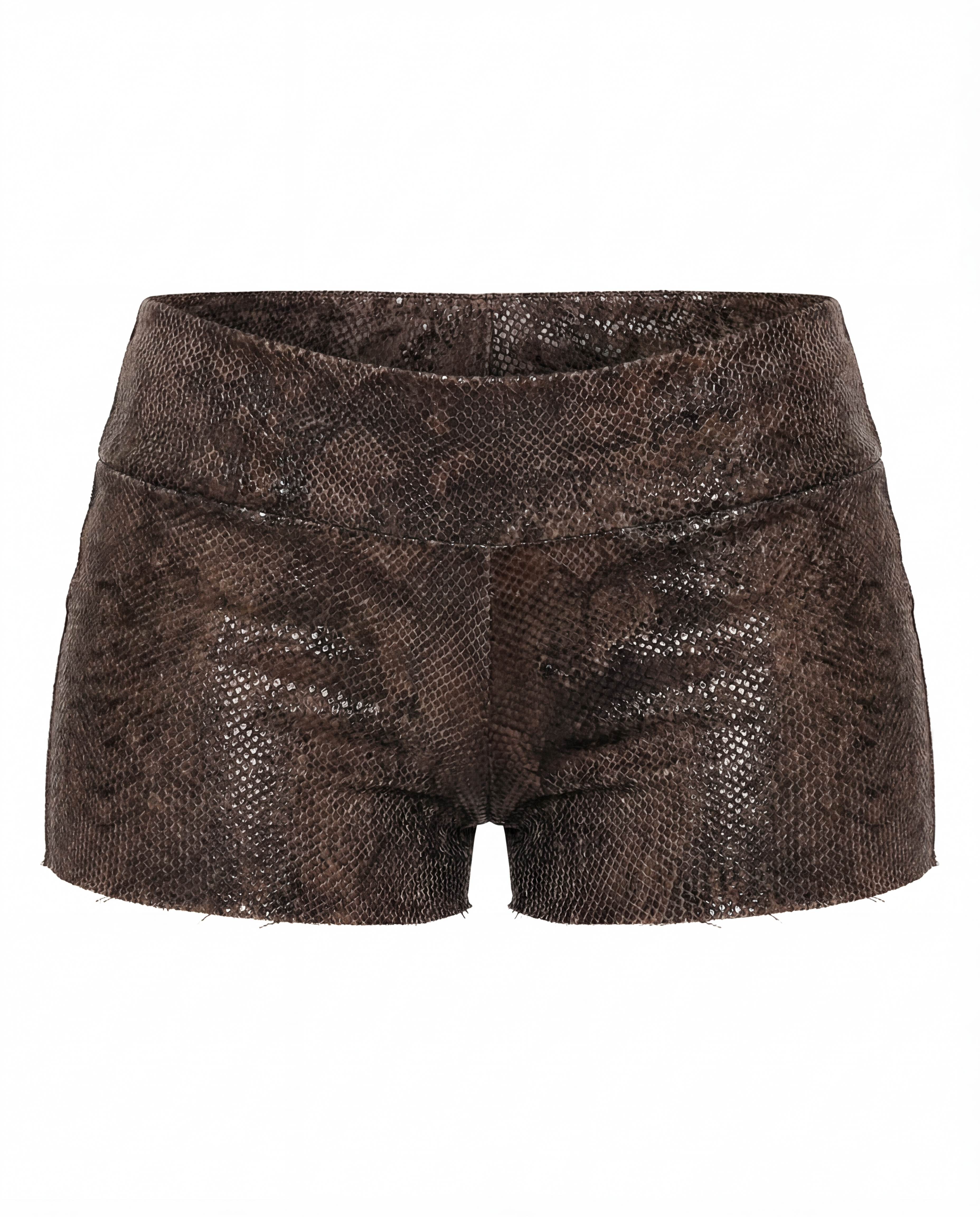 Snake print shorts on a white background