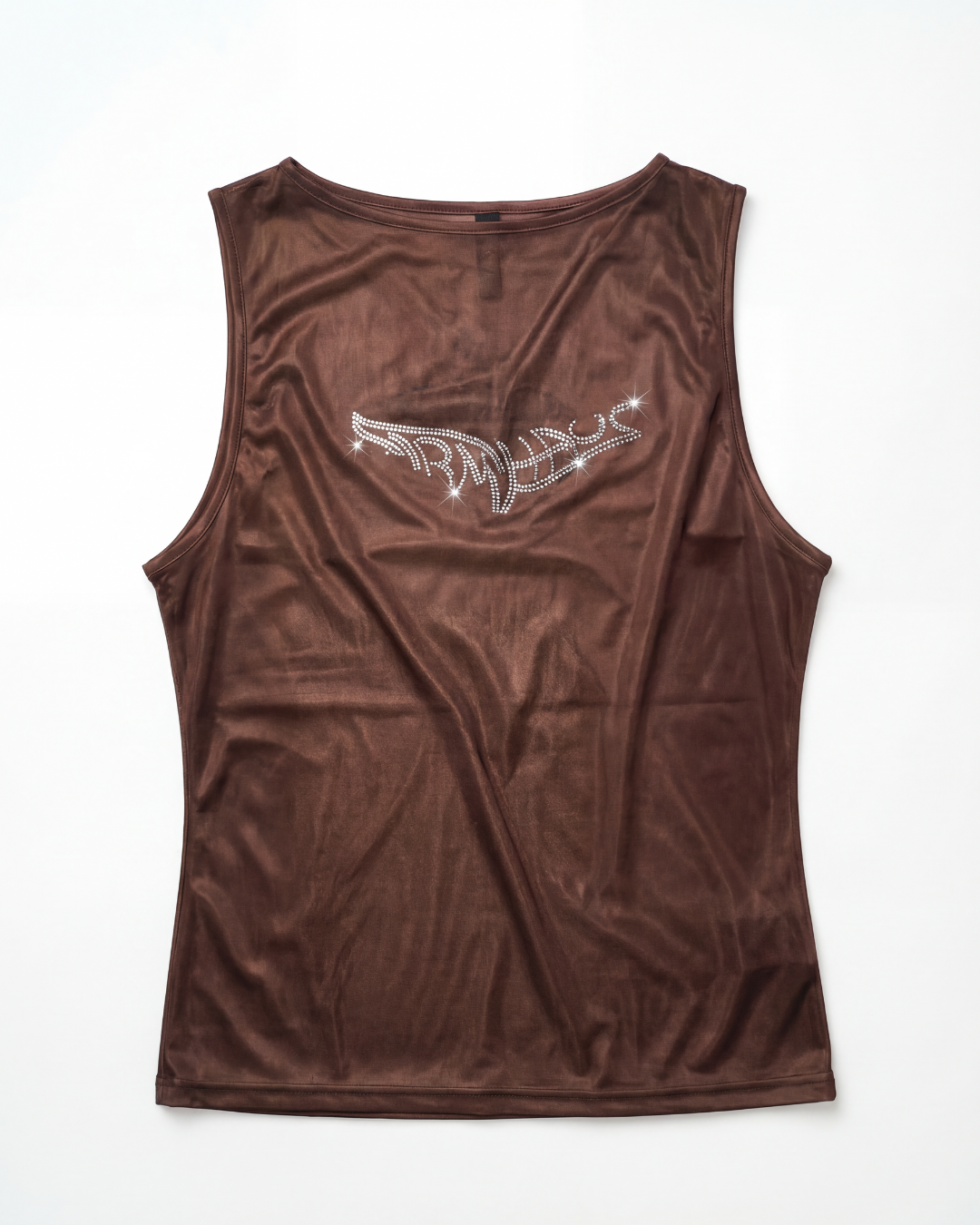 Brown sleeveless shirt with a logo on the back against a white background